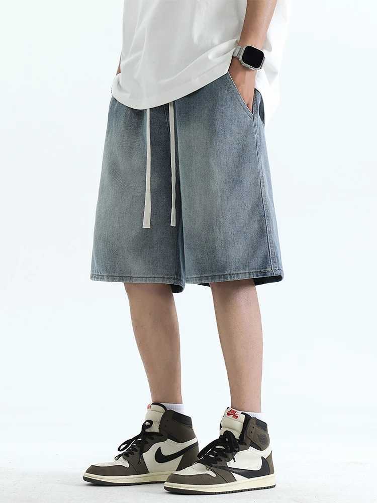2024 New Summer Baggy Denim Shorts Men Hip Hop Streetwear Wide Leg Straight Jeans Shorts Drawstring Loose Men Casual Short PantsXJ241206