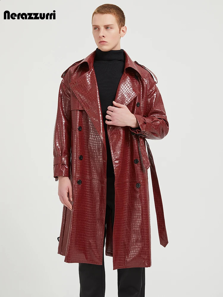 Nerazzurri Spring Autumn Cool Long Elegant Chic Shiny Print Pu Leather Trench Coat Men Belt er Clothes 241119