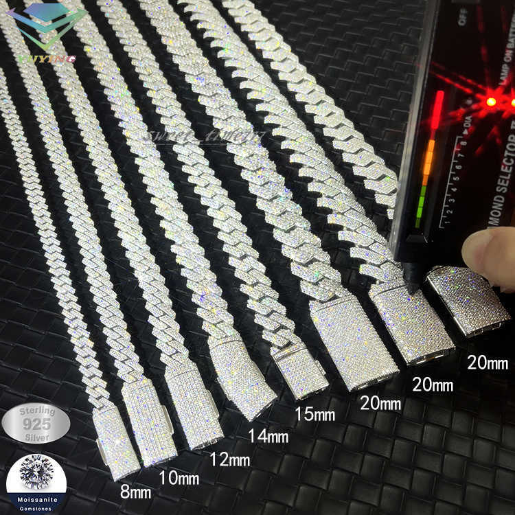 VVS Mossanite 2rows 8mm 10mm 12mm 14mm S925 Silver Diamond Necklace Man Moissanite Hiphop Cuban Link Chain