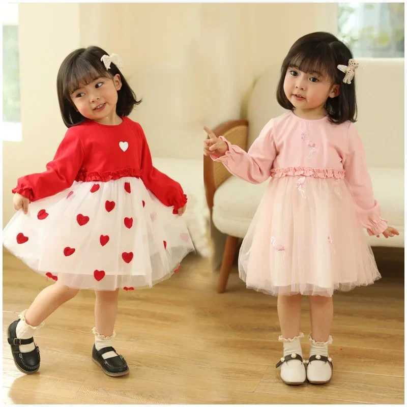Ropa De Nia Dress for Girls Autumn Red Girl Princess Dress Fashion Mesh Dresses Casual Par Dresses Children Clothes VestidosXJ241206