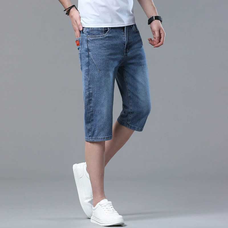 Summer New Style Mens Appliques Denim Shorts Blue Black Loose Straight Stretch Casual Jeans Shorts Men ClothingXJ241206