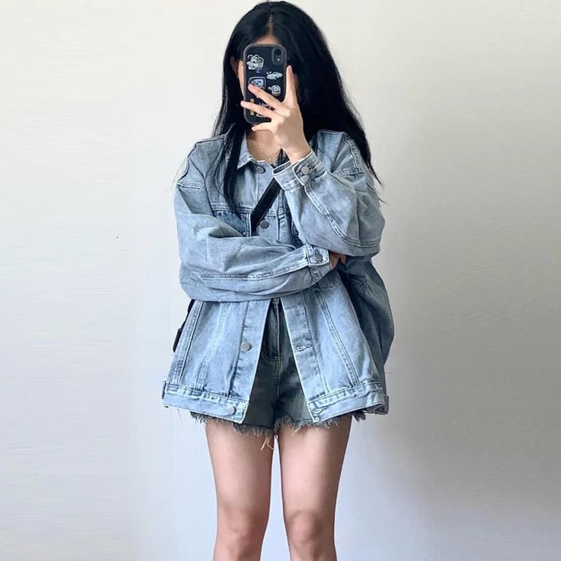 Korean style denim jacket womens 2024 autumn long sleeved blue retro lapel loose 241206