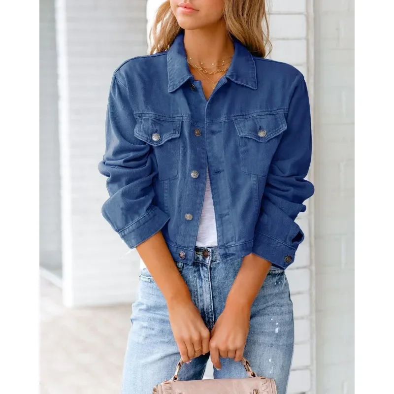 Short sleeved jacket fashionable streetwear single chest trendy womens denim long autumn 241206