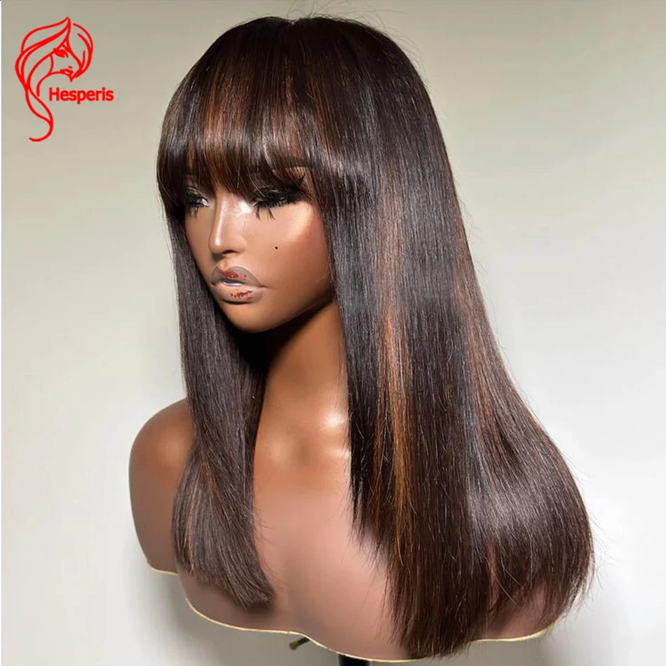 Hesperidis short bob wig with bangs Brazilian Remy #30 color high gloss brown scalp top fully machine made wig 241206