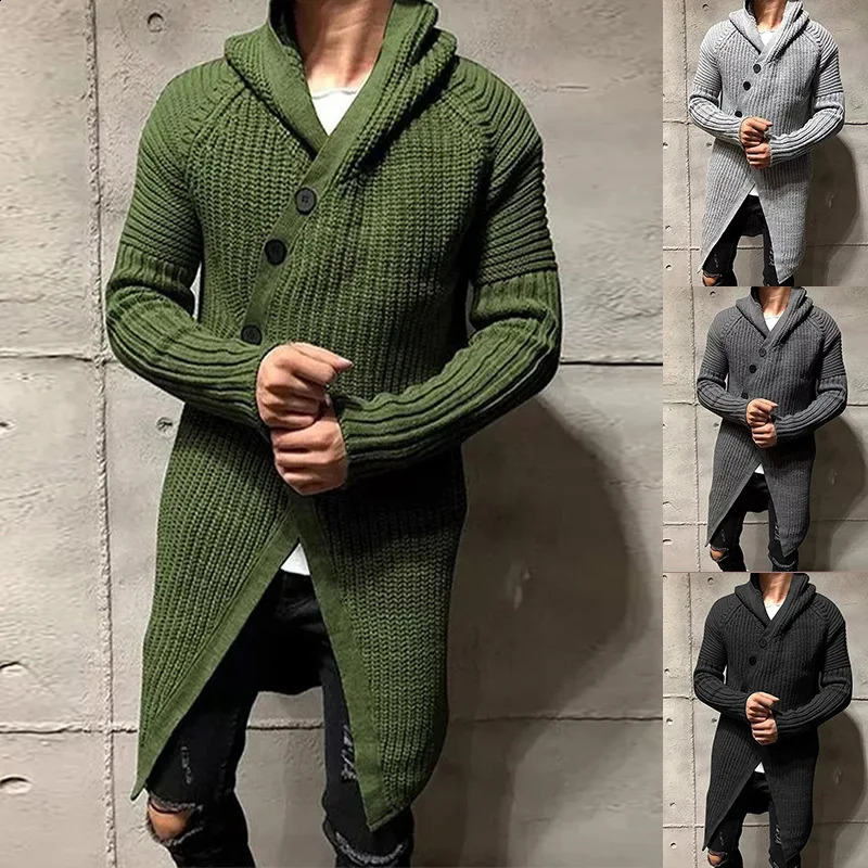 Casual Men Knitted Cardigan Fashion Long Sweaters Males Solid Sleeve Slim Outwear Autumn Winter Warm Hooded Coat Knitwear 241205Z
