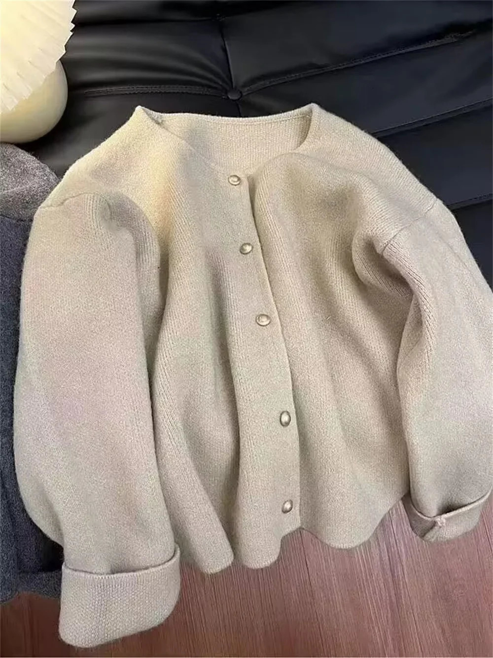 Korean Fashion Round Neck Knitted Cardigan Spring Autumn Casual Long Sleeve Loose Wool Womens Basic Coat Top 241206