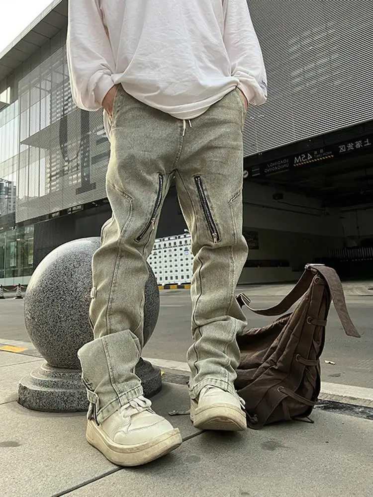 Straight jeans mens side zipper patch work ultra-thin fully matched Japanese style Harajuku streetwear denim Trouser autumn new collection M241207