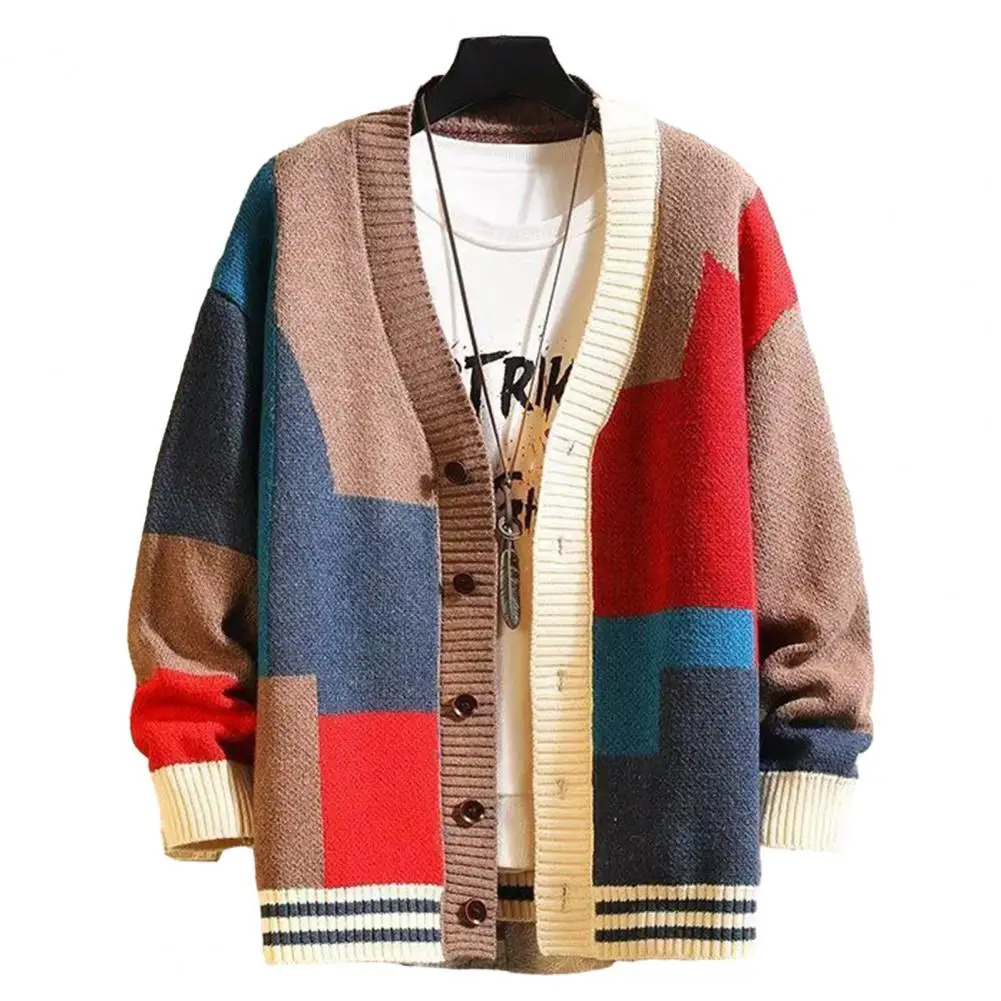 Vneck mens jacket knitted sweater fashionable color lock warm medium length cardigan 241206