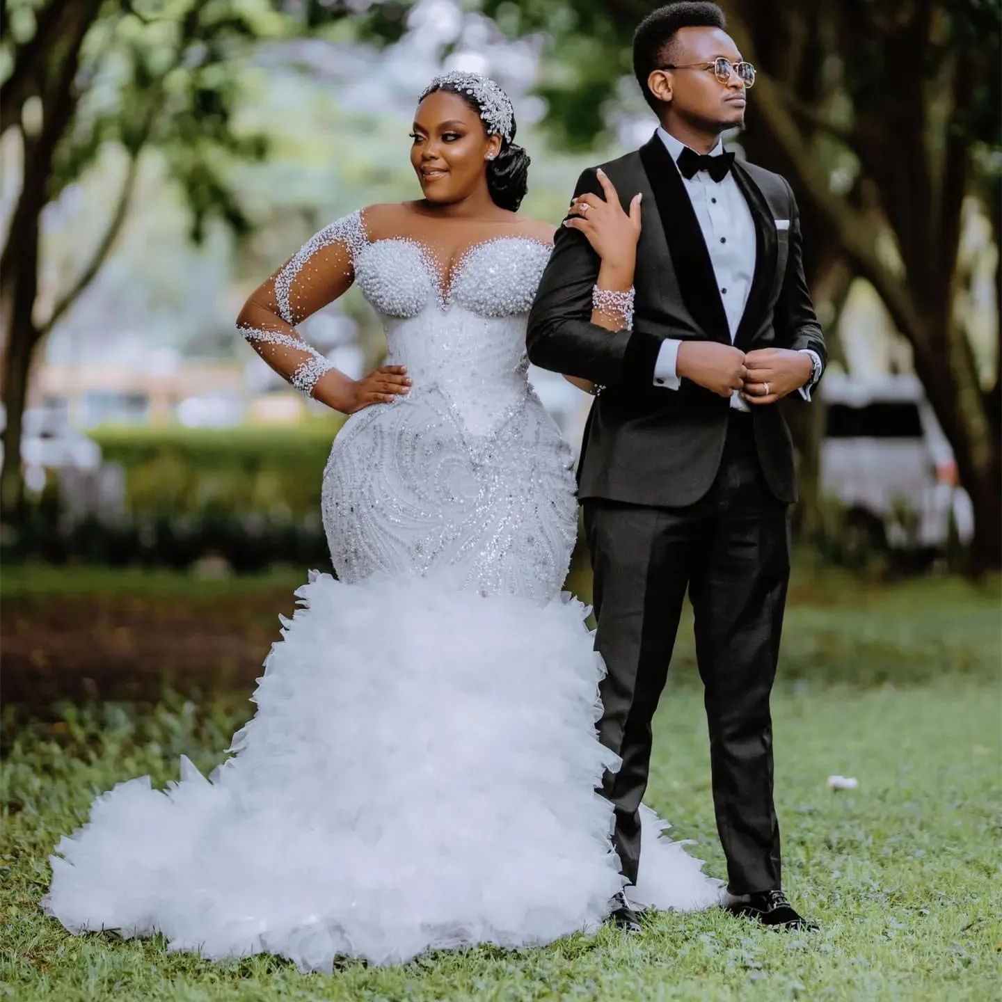 Luxurious Beaded Mermaid Wedding Dresses Long Sleeves Arabic African Lace Bridal Gowns Tiered Ruffles Court Train White Bride Formal Dress 2025