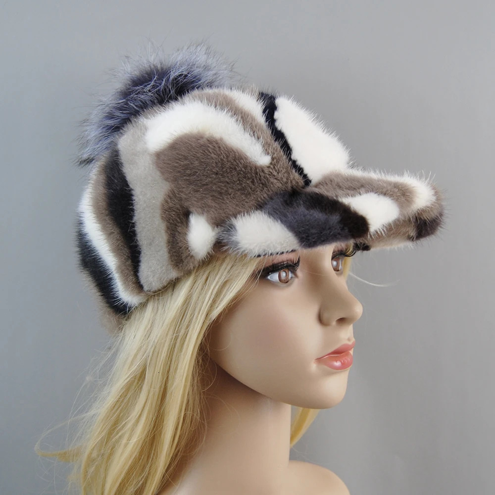 Arrived Girls Mink Hats in 2024 Fashion Winter Solid Knitted True Fur Baseball Hats Womens Mink Hats Fox Fur Puff Hats 241206