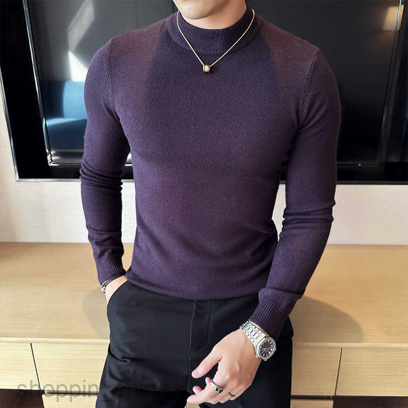 Men's Sweaters Men's winter sweater with thick velvet and a mid to high collar, 2024 black sweater with knitted base underneath