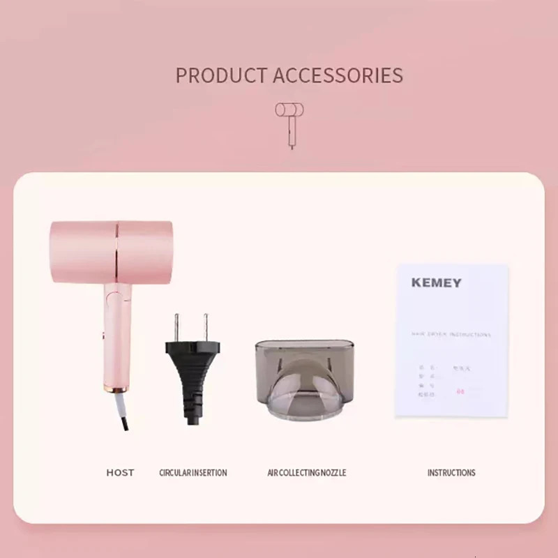 Kemei Professional Blow Dryer Negative Ion Smoother Hair Care Fast Drying Foldable Portable Pink Hair Dryer Home Travel Salon 241206