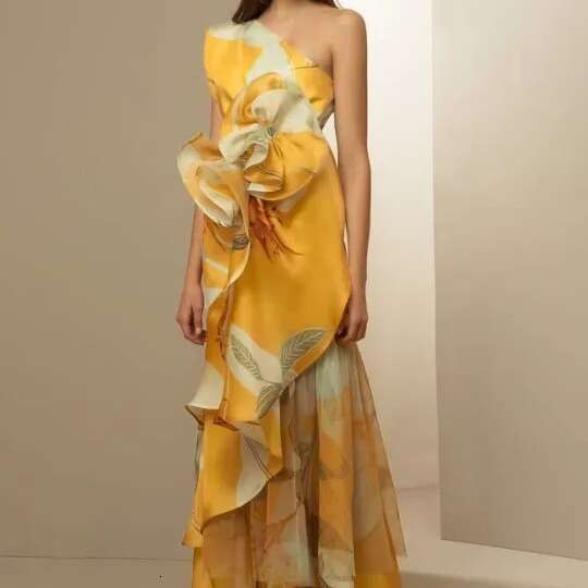 European Summer Style French Retro High Ji Temperament Collection Waist Printed Diagonal Shoulder Dress 2024 New Casual Fashion Trendy Clothing