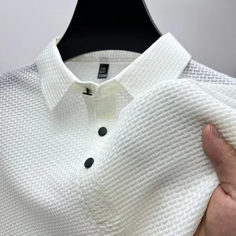 Asian size summer mens lace up hollow short sleeved polo shirt ice silk 241206