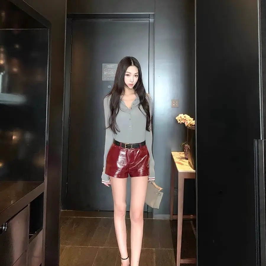 red leather womens autumn/winter casual streetwear low waist slim fit pants spicy boots shorts 241206