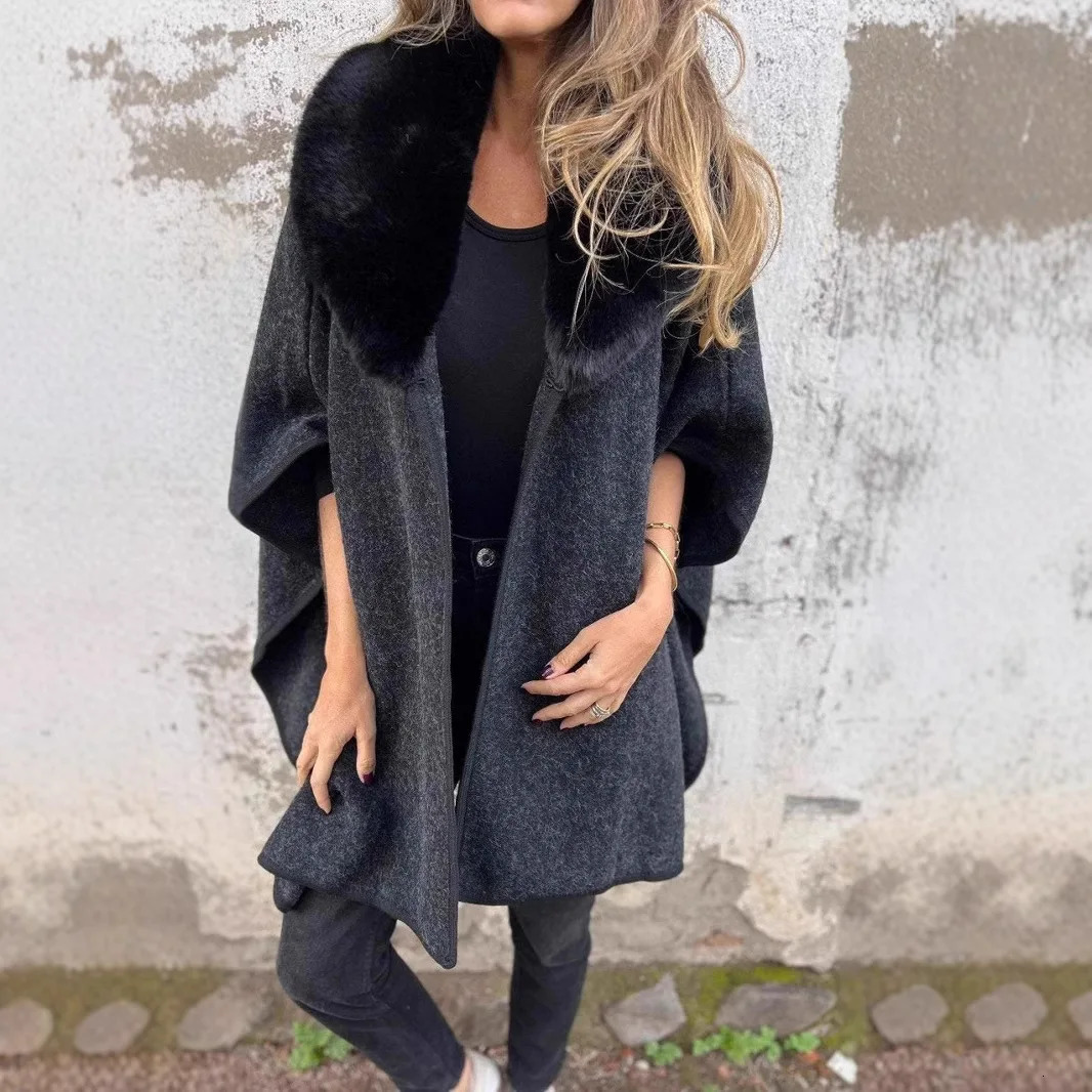 Womens Loose Long Sleeved Big Lapel Fur Collar Cloak Coat 241202