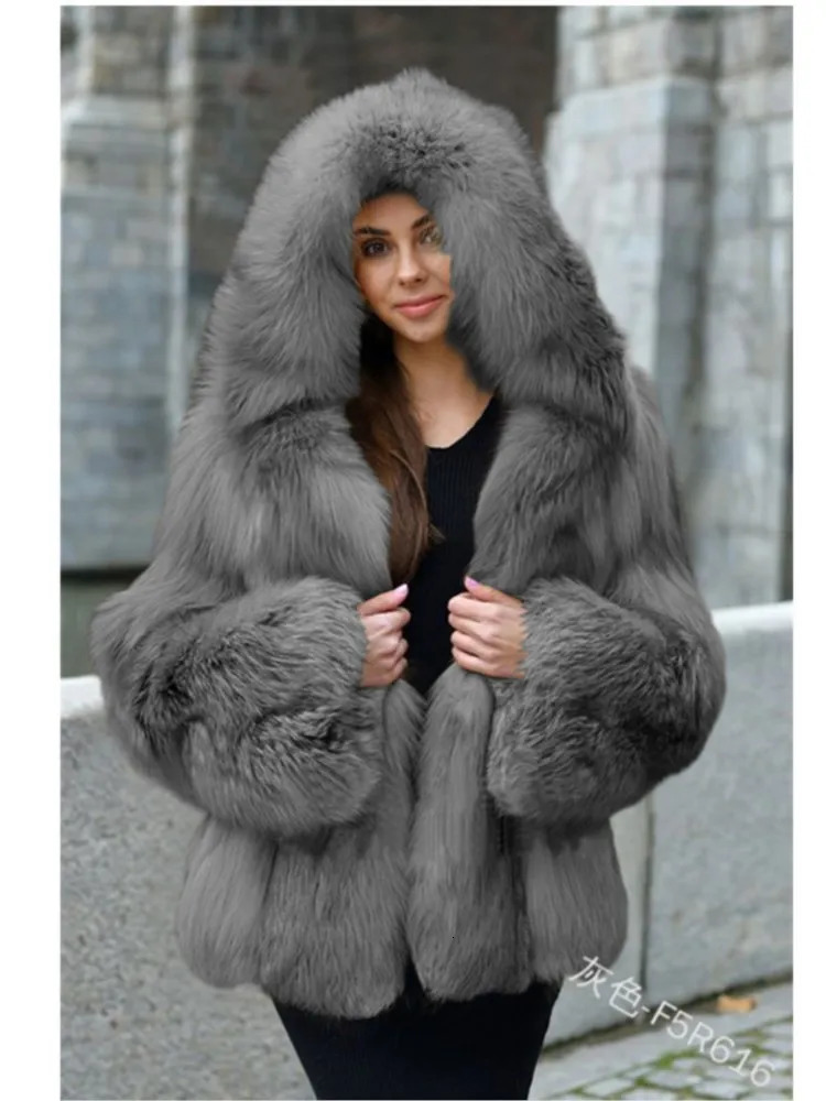 Winter long faux fur warm coat long sleeved coat fox fur coat long hooded fur integrated fur coat S-XXXXXL 241202