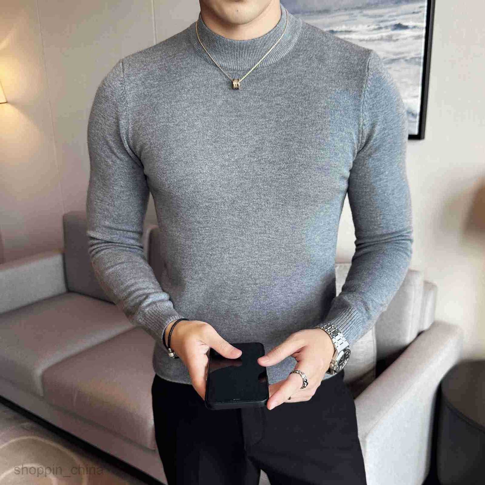 Men's Sweaters Men's winter sweater with thick velvet and a mid to high collar, 2024 black sweater with knitted base underneath