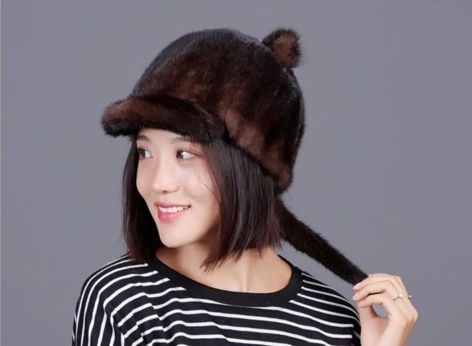 A genuine mint fur baseball cap with ear bunny style warm all sheepskin black red gray brown fashionable fur cap for winter and winter 241206