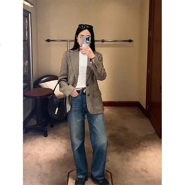 Wool Suit Herringbone Jacket 2025 Autumn And Winter Woolen Top Coats For Women 241202