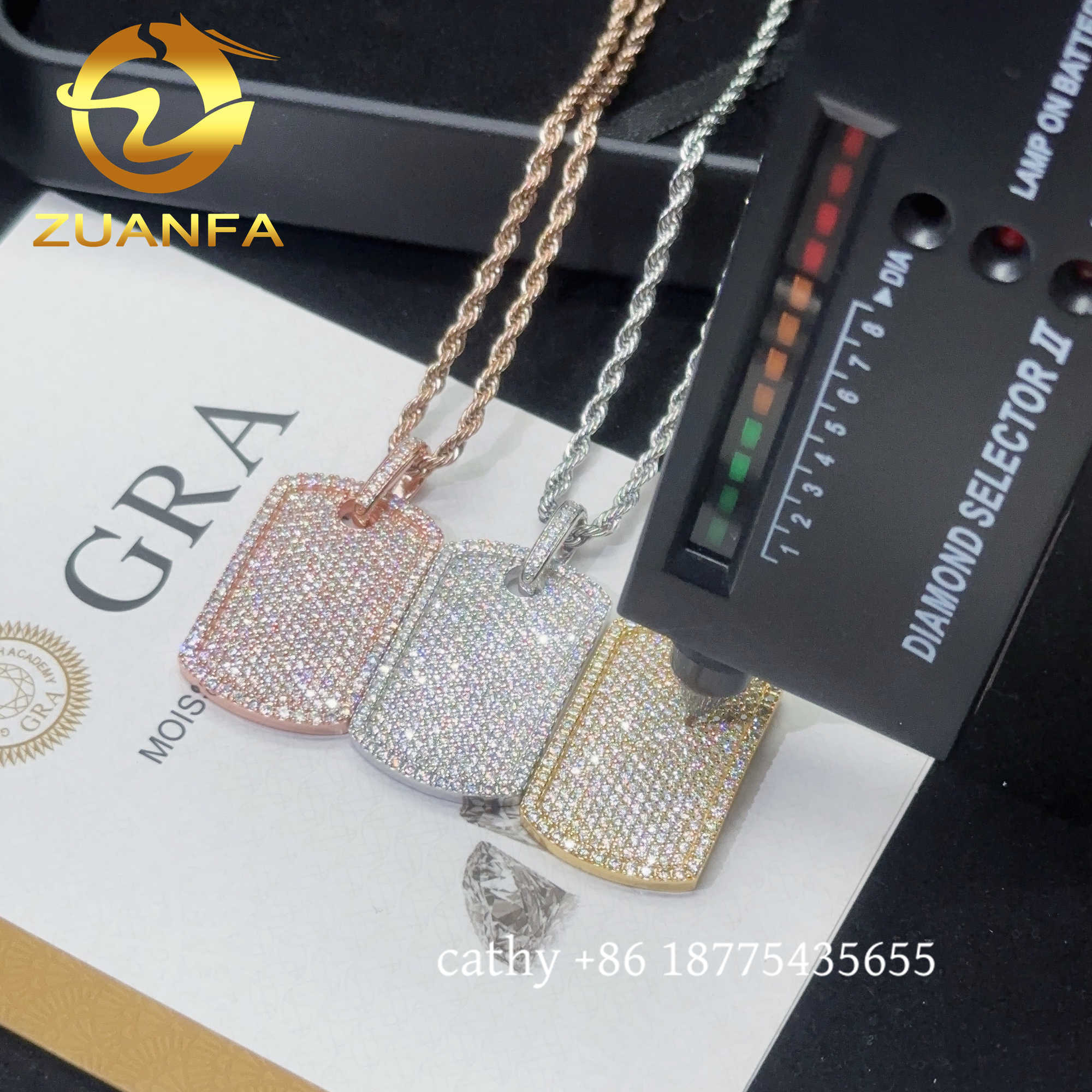 Ready to Ship Moissanite Hip hop Jewelry tag iced out pendant Sterling Silver 925 Moissanite dog tag Pendant with rope chain