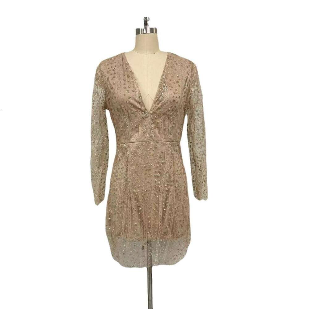 2025 European and American sexy deep V perspective sequin wrapped hip long sleeved evening dress women's spring item 2024 new casual versatile fa