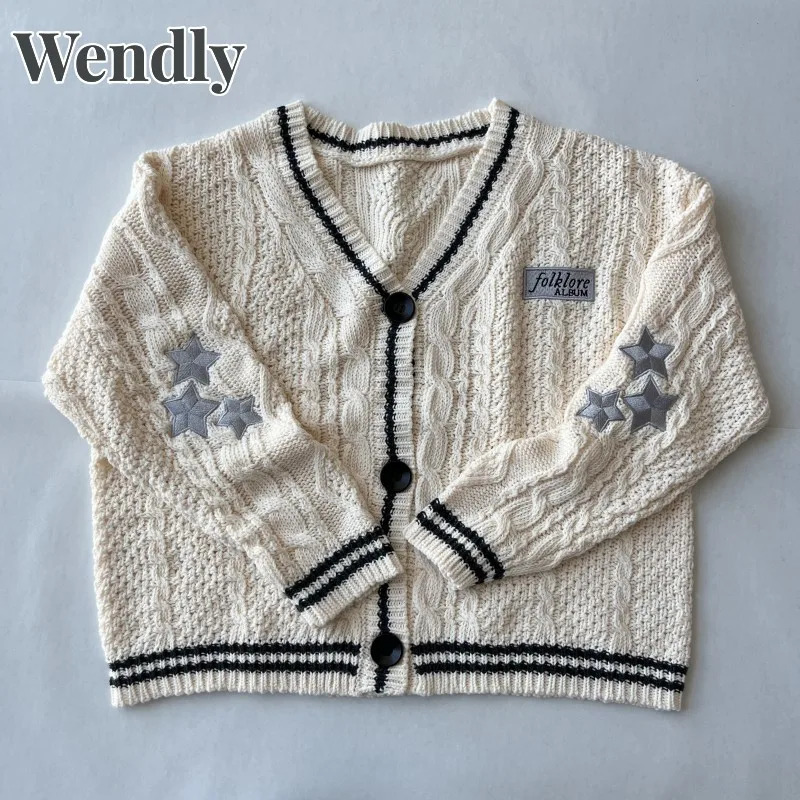 Beige folk cardigan womens letter patch star embroidered knitted sweater winter and autumn casual oversized 241206
