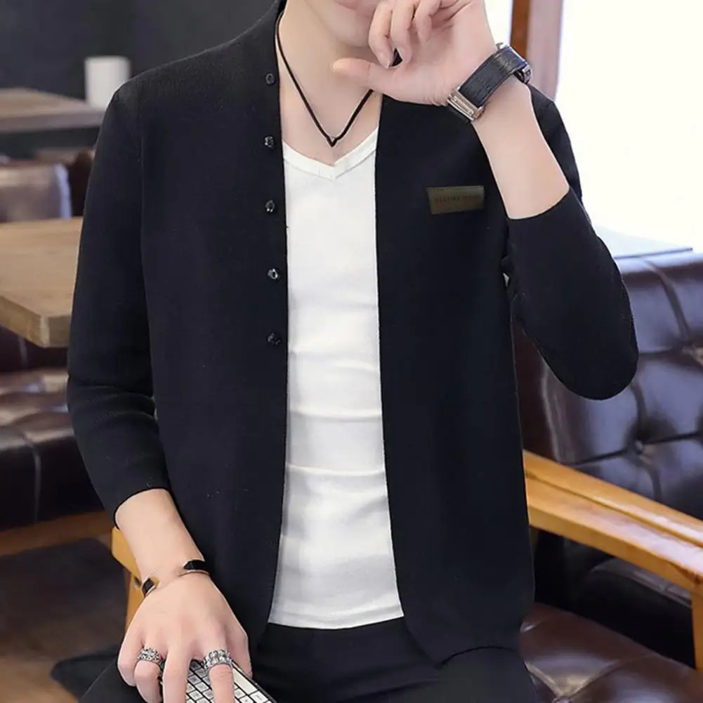 Button mens jacket knitted cardigan fashionable ultrathin fit warm vertical collar badge 241206
