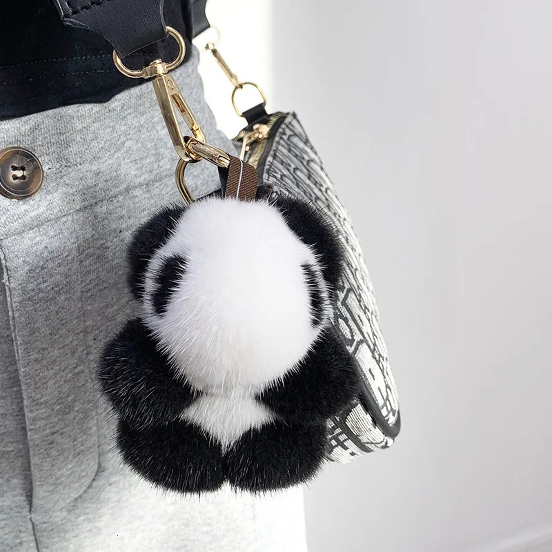 Womens bag charm Trinkett car metal keychain rearview mirror decoration cute real mink keychain plush panda pendant childrens toy 241206