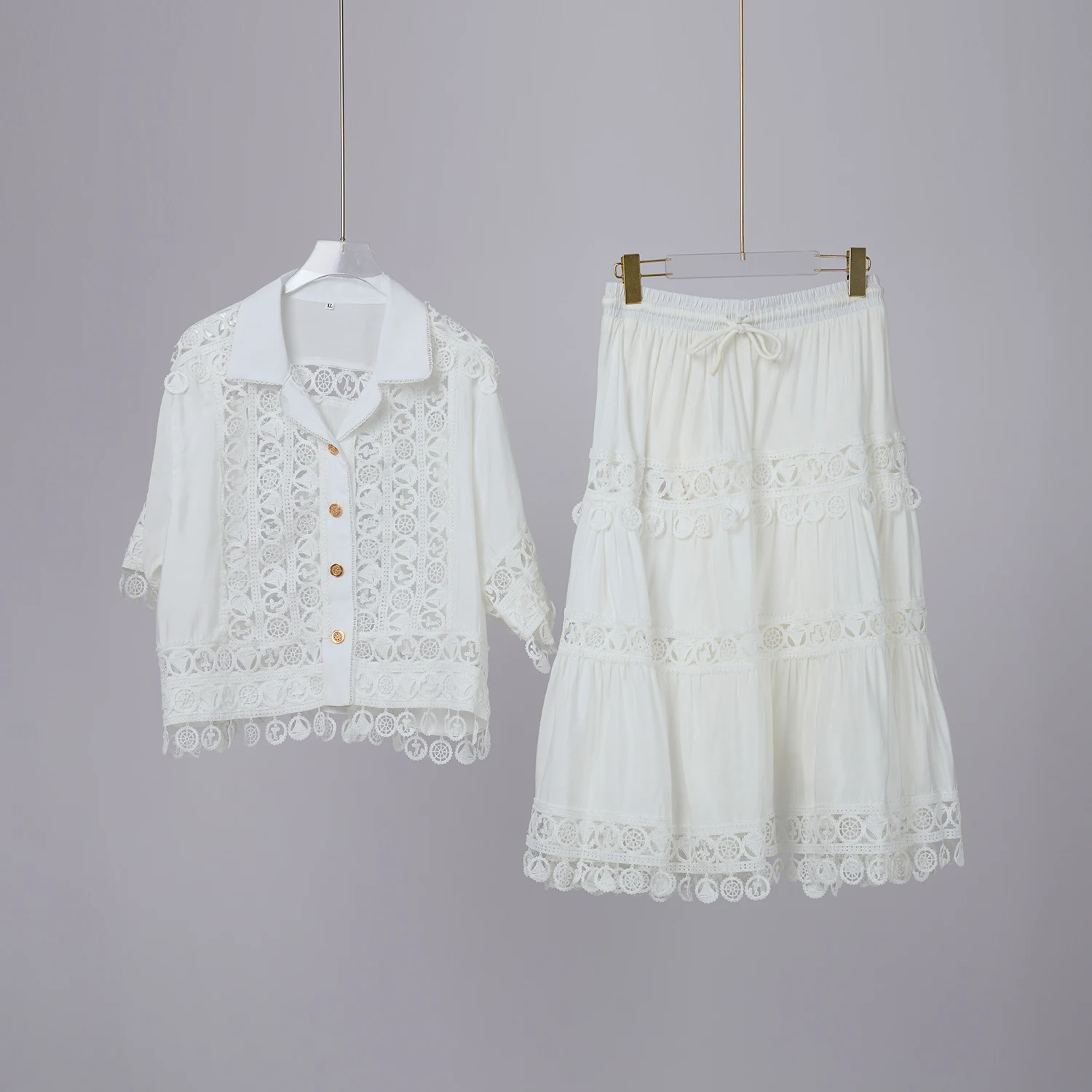 Two Piece Dress Summer Corchet White Lace Embroidery Hollow Out 2 Pieces Set Outfits Women Loose Shirt Tops Elastic Waist Midi Skirts Suit 2025