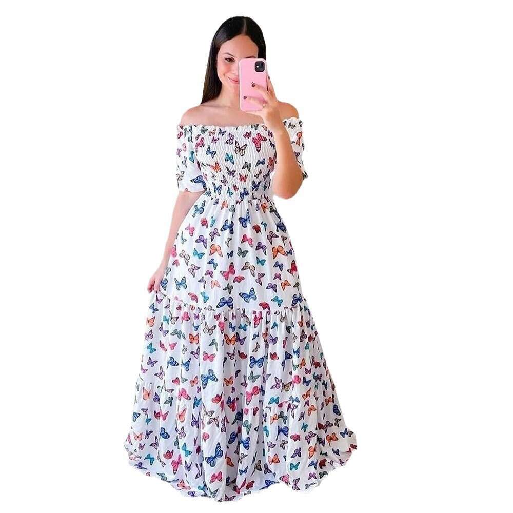 Spring/Summer European and American Women's Dress One ral Off Shoulder Long Printed Skirt 2024 New Casual Versatile Fashion Clothing