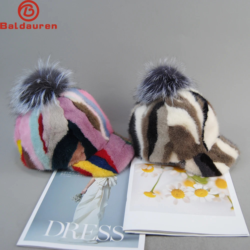 Arrived Girls Mink Hats in 2024 Fashion Winter Solid Knitted True Fur Baseball Hats Womens Mink Hats Fox Fur Puff Hats 241206