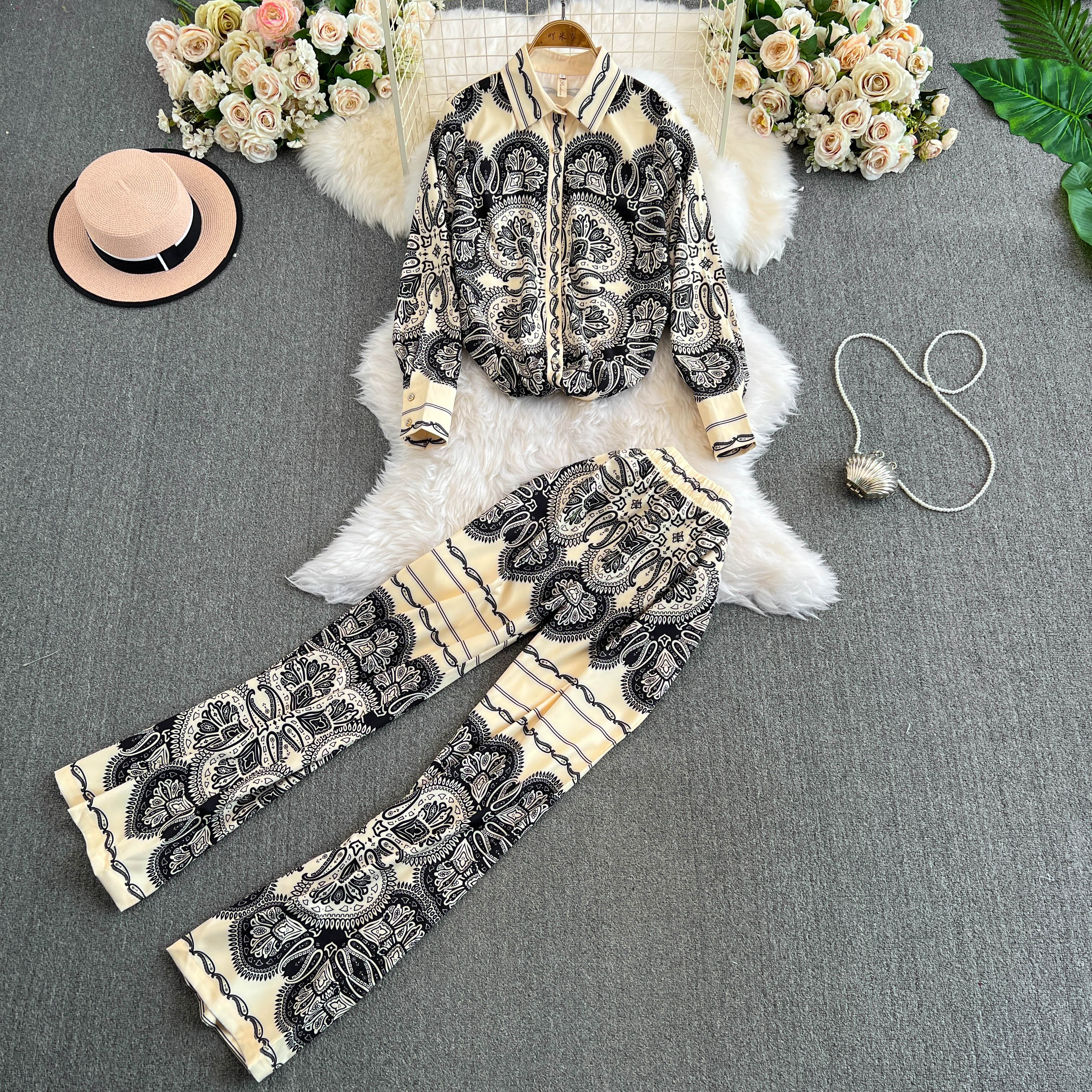 Women's Two Piece Dreses Pants Women Vintage Print 2 Piece Set Chic Lapel Long Sleeved Blouse Top Loose Straight Leg Pants Suit Fashion Streetwea