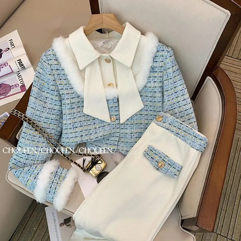 Temperament Tweed Jacket Patchwork Top Plaid Coat Fleece Thick Wide Leg Womens Two Peice Sets Pantalon Femme Chic Autumn