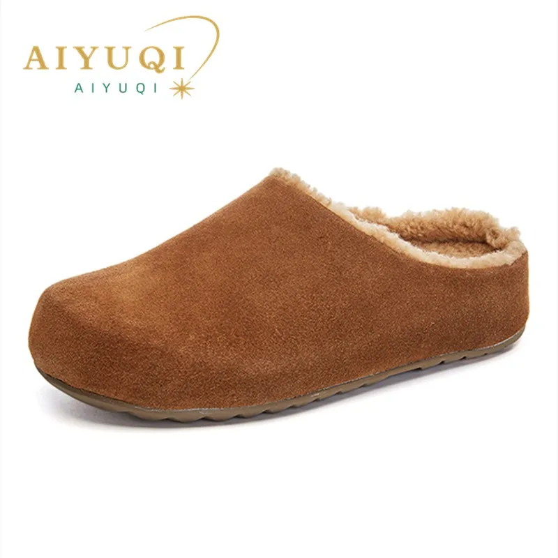 AIYUQI Slippers Female Genuine Leather Slip-on Winter Slippers Ladies Casual Fleece Trend Slippers Shoes Women