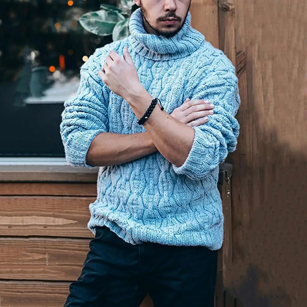 Winter Warm Thick Wool Sweater Mens Casual Knitted Turtle Neck Parachute Top Mens Fashion Solid Long Sleeve Ribbon Sweater 241205