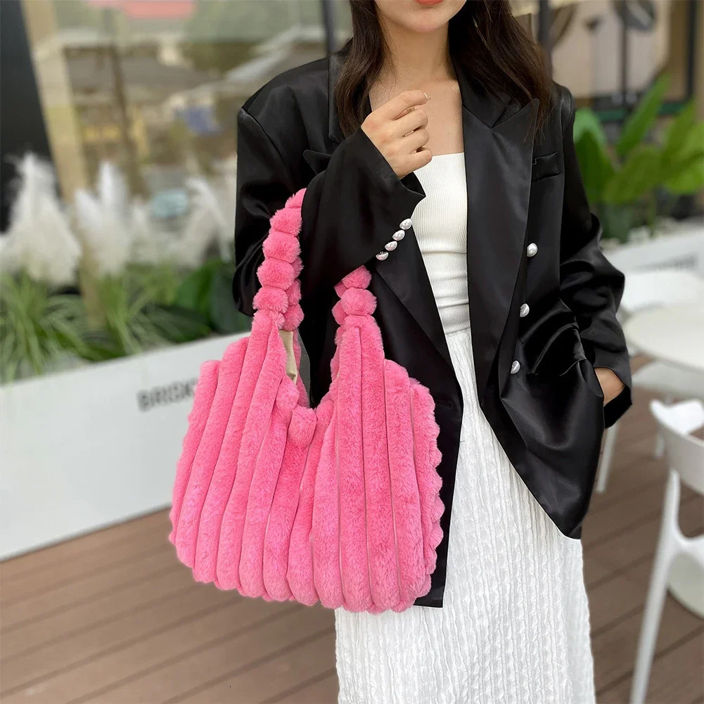 Womens fluffy handbag large capacity fur shoulder bag Y2k fashionable pleated messenger bag casual womens daily pleated handbag 241205