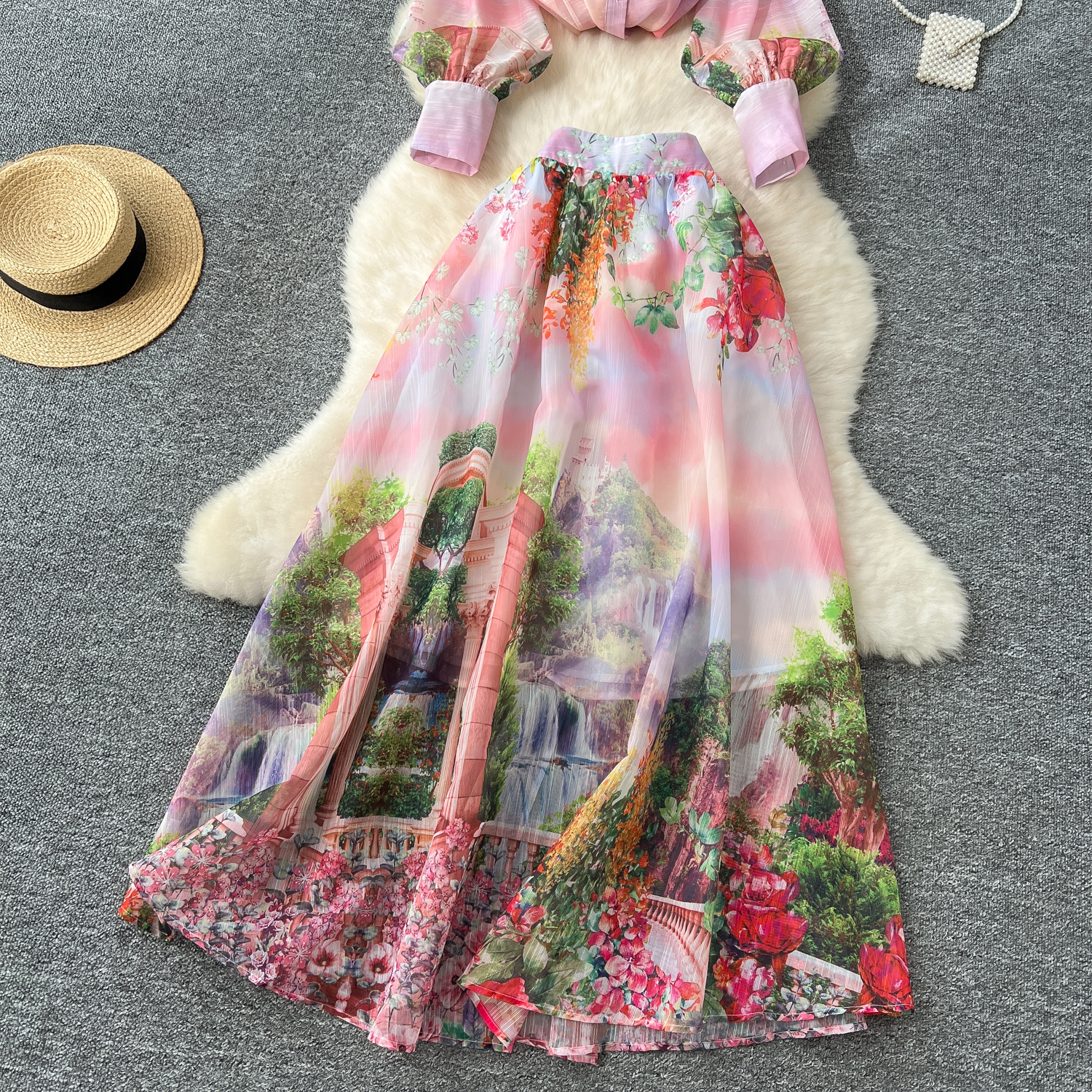 Two Piece Dress Women Summer Bohemian Floral Print Skirt Set Long Sleeve Blouses Tops & High Waist Pleated Maxi Skirt Female Two Piece Suits