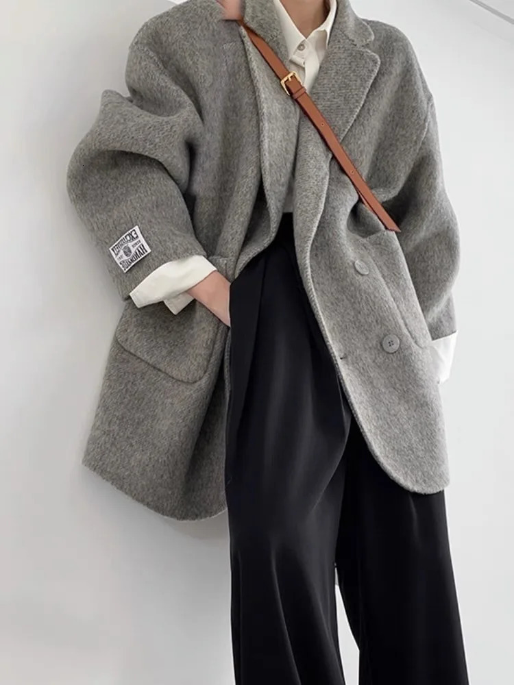 EWQ Korean Loose Long SleeveTurndown Collar Solid Woolen Coat Doublefaced Cashmere Winter 2024 Autumn 16O1639 241202