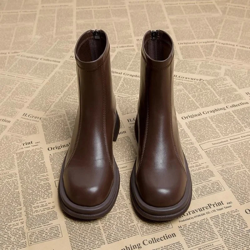 Black platform womens ankle boots fashionable soft leather shoes autumn thick short 241206