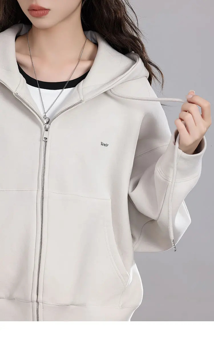 Korean Fashion Solid Color Zipper Pockets Hooded Lantern Long Sleeve Womens Clothing Spring Autumn Cardigan Coats Hoodies Tops 241203