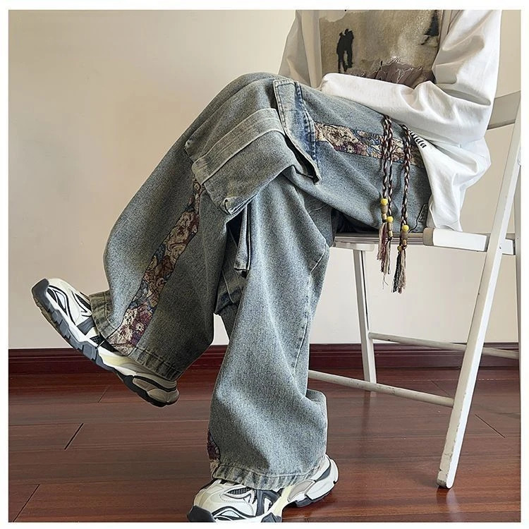 Hip hop trend personalized straight leg retro wash workwear jeans American men and women street loose casual pants 241206