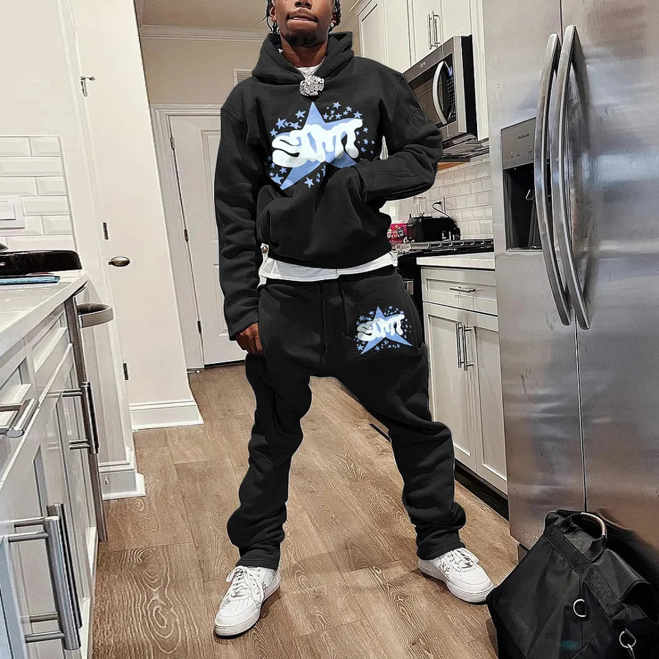 Mens autumn and winter hoodie set two-piece 3D printed sportswear casual flash pants sportswear set Y2K streetwear mens clothing 241205