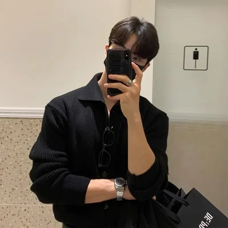 Korean casual spring and autumn knitted cardigan wool sweater mens solid loose long sleeved navy blue heavyduty jacket 241206