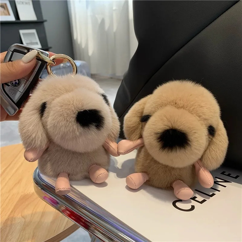 Pendant Keychain Puppy Cute Puppy Real Rex Rabbit Fur Pavilion Keychain Womens Bag Wallet Decoration Accessories Gift 241206