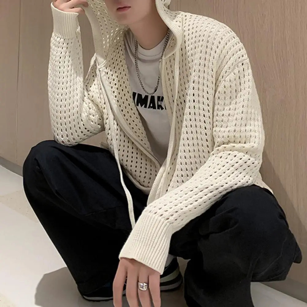 Mens long sleeved zipper closed solid hollow ultra soft mens hooded sweater jacket autumn cardigan wool 241206