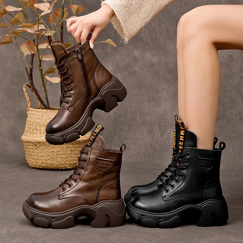 Koznoy 5cm genuine leather retro little cow apartment spring and autumn winter plush boots Moccasins chimney womens ankle 241206