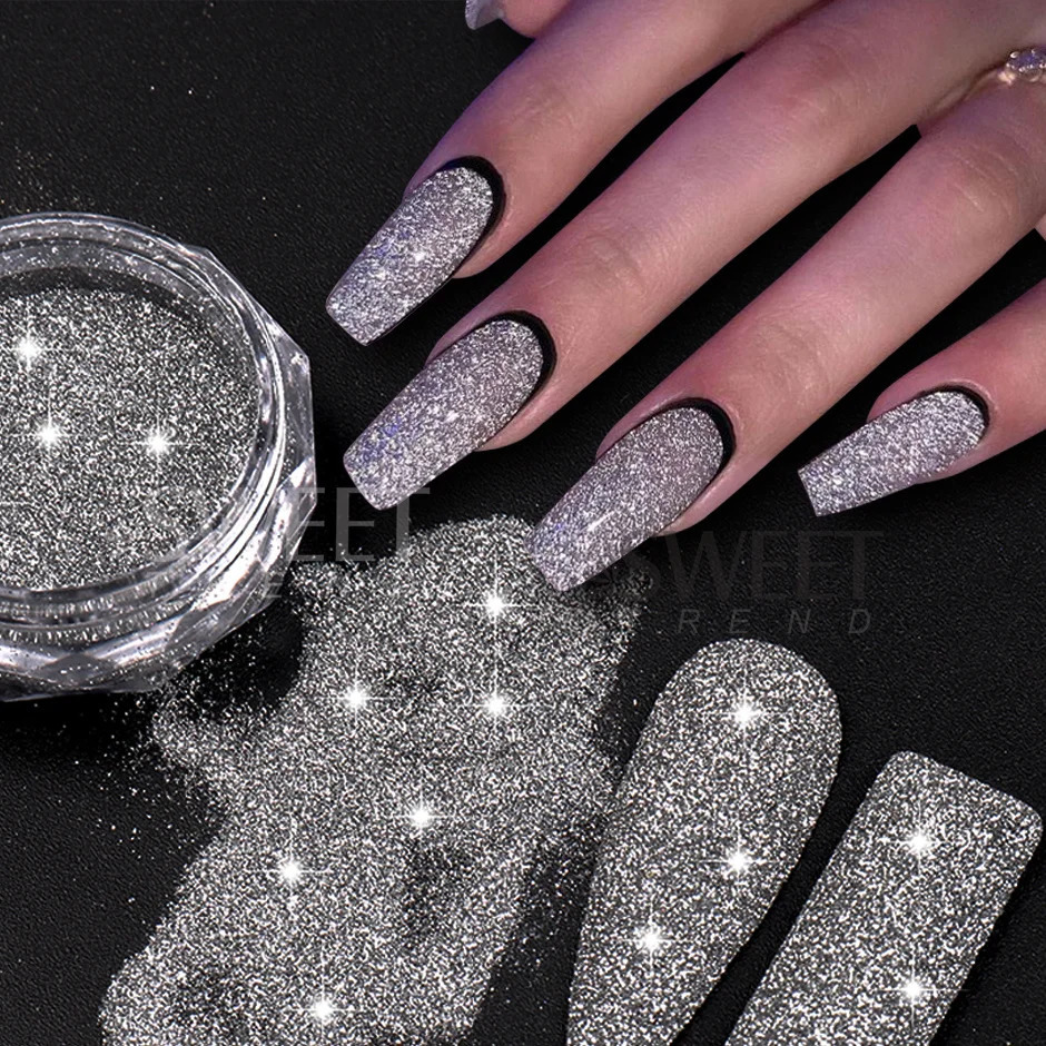 1 Box Reflective Silver Nail Powder Flash Disco Diamond Chrome Pigment Dipping Powder Nail Glitter Rhinestone Sequins SWS52 241206