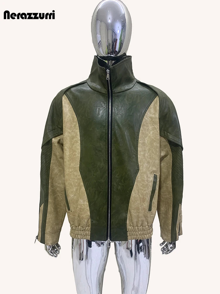 Blue and Black Legion Spring and Autumn Cool Windproof Color Block Pu Leather Jacket Mens Zipper er Runway Clothing 241205