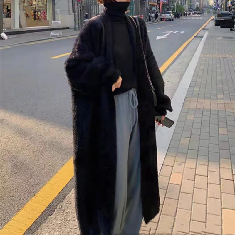 Long Cardigan for Women Clothes Knitted Fluffy Solid Sleeve Cashmere Sweater Coat Warm Autumn Winter Oversize 241203